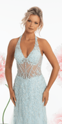 Mesh Halter Mermaid Corset Dress with 3D Florals and Pearl Detail Image 2