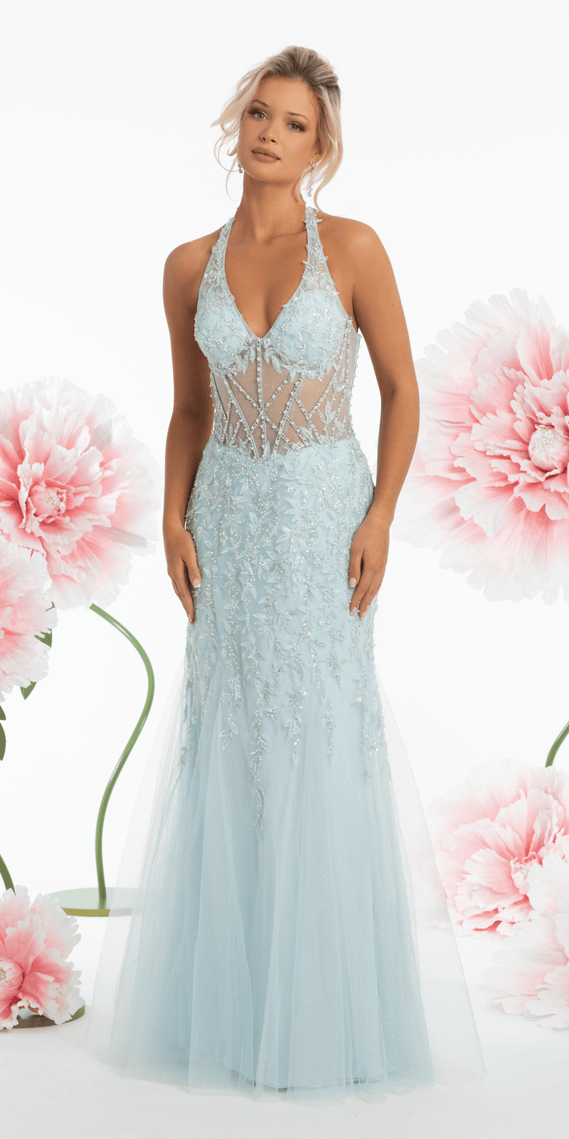 halter corset dress Mesh Halter Mermaid Corset Dress with 3D Florals and Pearl Detail missy / 6 / sky-blue