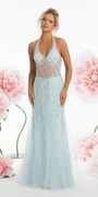 Mesh Halter Mermaid Corset Dress with 3D Florals and Pearl Detail Image 1