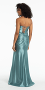 Satin Foil Strapless Sweetheart Column Dress with Cross Over Ruching /Camille La Vie/back