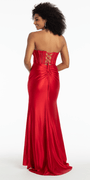 red/size/4/missy/Camille La Vie/Satin Stone Encrusted Strapless Sweetheart Corset Column Dress with Side Ruching /back