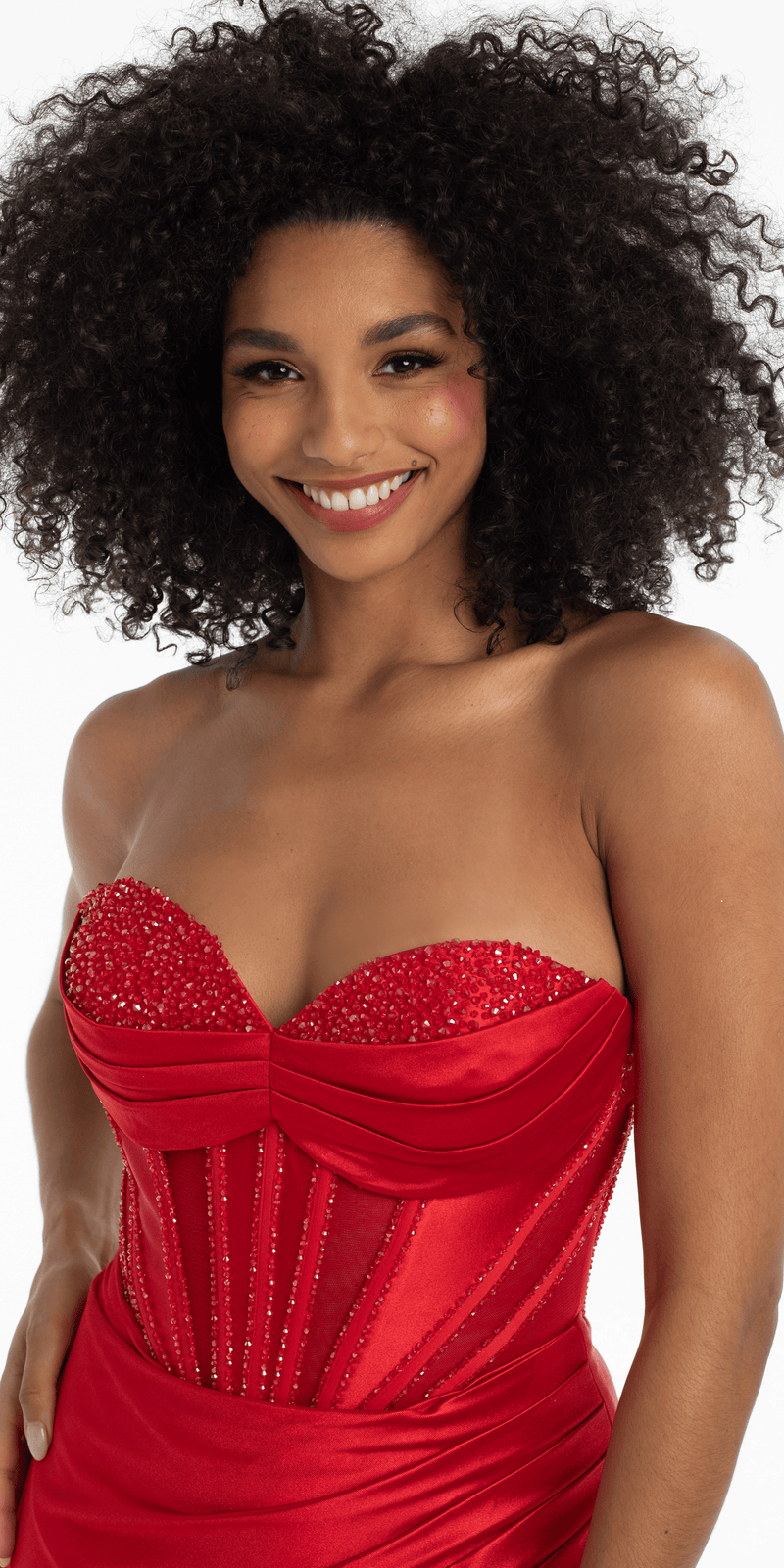 Satin Stone Encrusted Strapless Sweetheart Corset Column Dress with Side Ruching - Missy / 6 / Red Satin Stone Encrusted Strapless Sweetheart Corset Column Dress with Side Ruching - Missy / 6 / Red