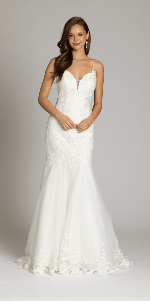 Sweetheart Plunge Tulle Mermaid Dress with Embroidered Border Hem. - Camille La Vie