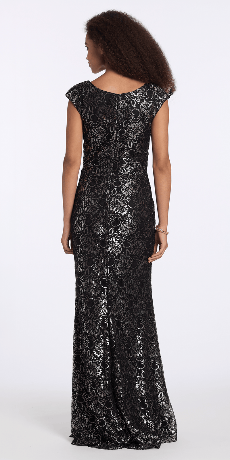 black-silver/size/6/missy/Camille La Vie/ Floral Metallic Lace Scoop Neck Cap Sleeve Column Dress/back