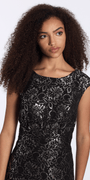 black-silver/size/6/missy/Camille La Vie/ Floral Metallic Lace Scoop Neck Cap Sleeve Column Dress/closeup