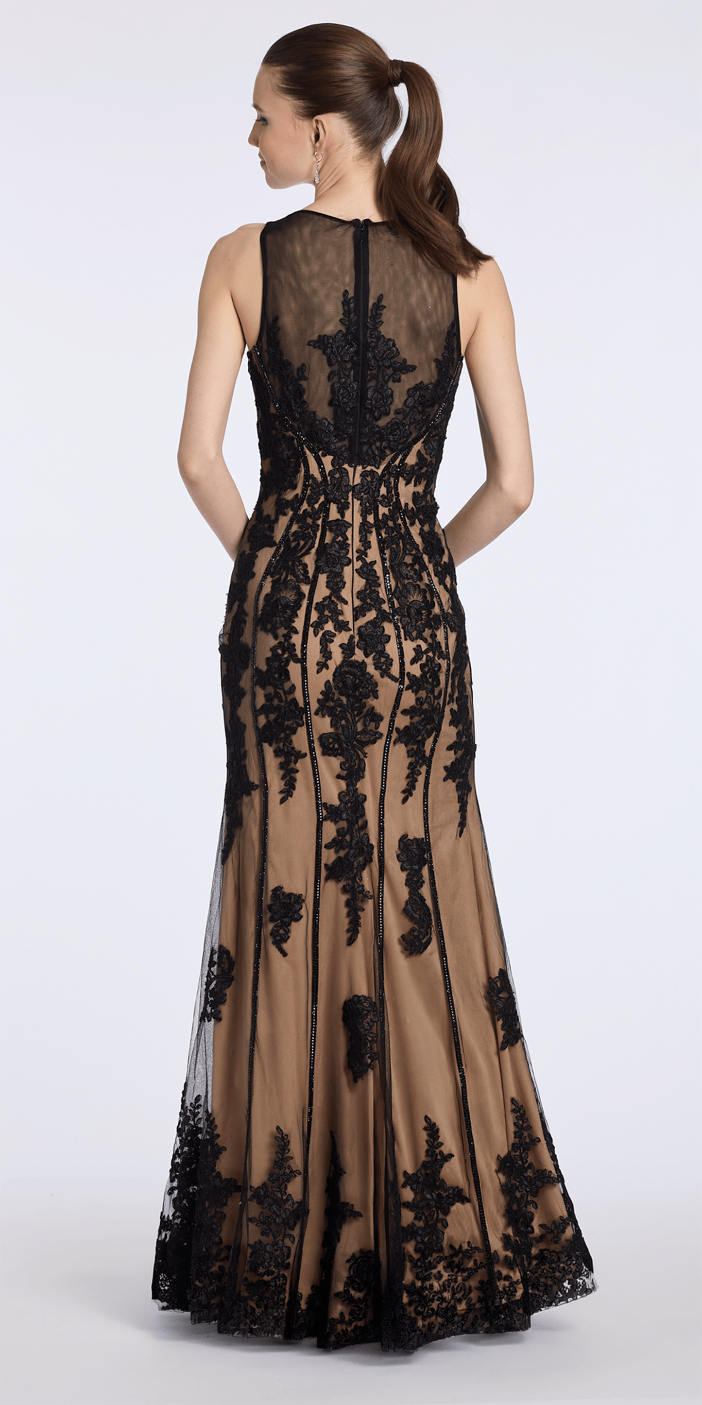 Camille La Vie Mesh Embroidered Two Tone Jewel Neck Trumpet Dress with Scalloped Hem