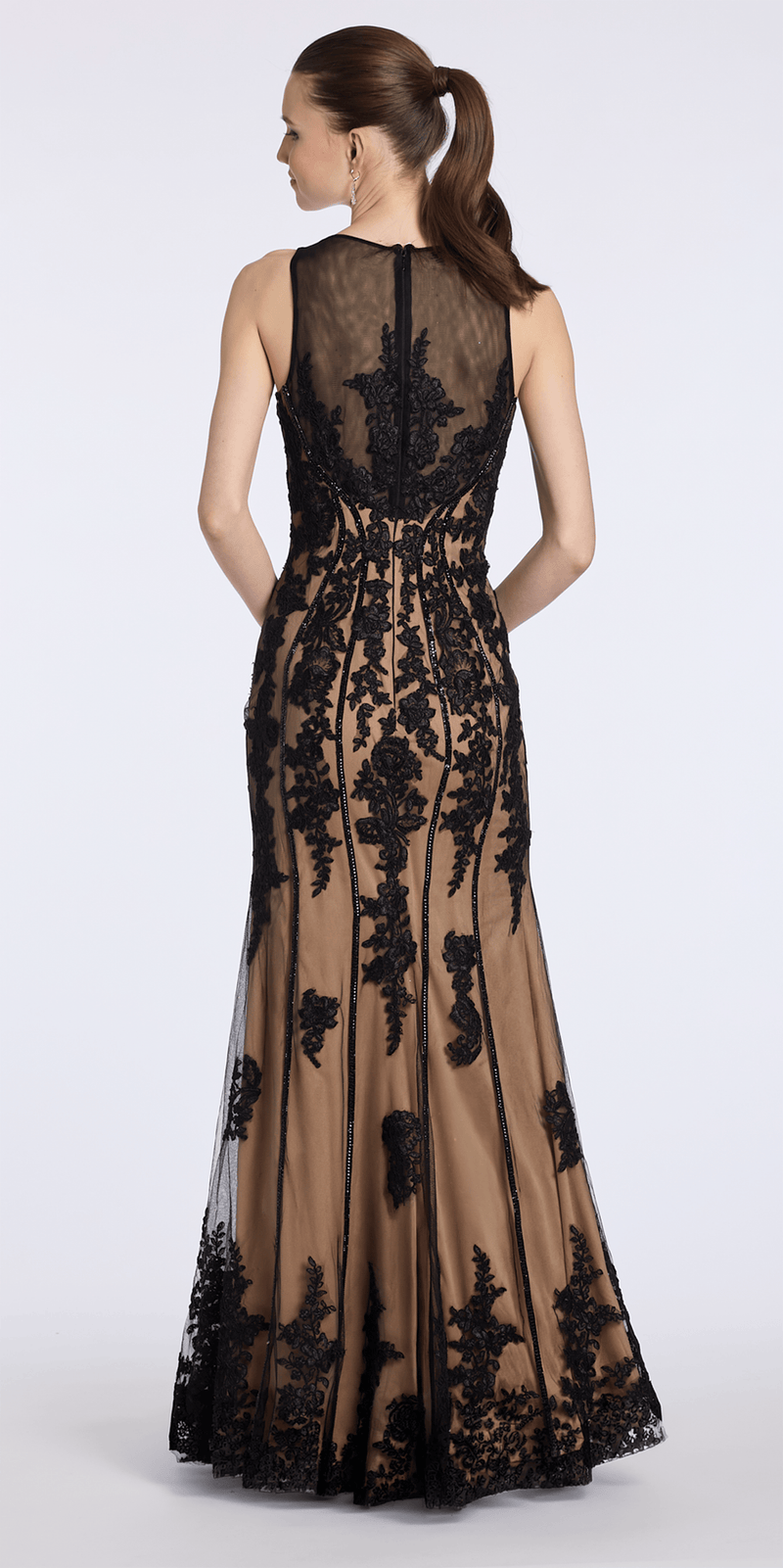 Camille La Vie Mesh Embroidered Two Tone Jewel Neck Trumpet Dress with Scalloped Hem