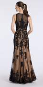 Camille La Vie Mesh Embroidered Two Tone Jewel Neck Trumpet Dress with Scalloped Hem