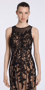 Camille La Vie Mesh Embroidered Two Tone Jewel Neck Trumpet Dress with Scalloped Hem