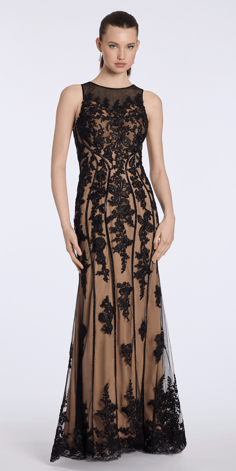 Camille La Vie Mesh Embroidered Two Tone Jewel Neck Trumpet Dress with Scalloped Hem