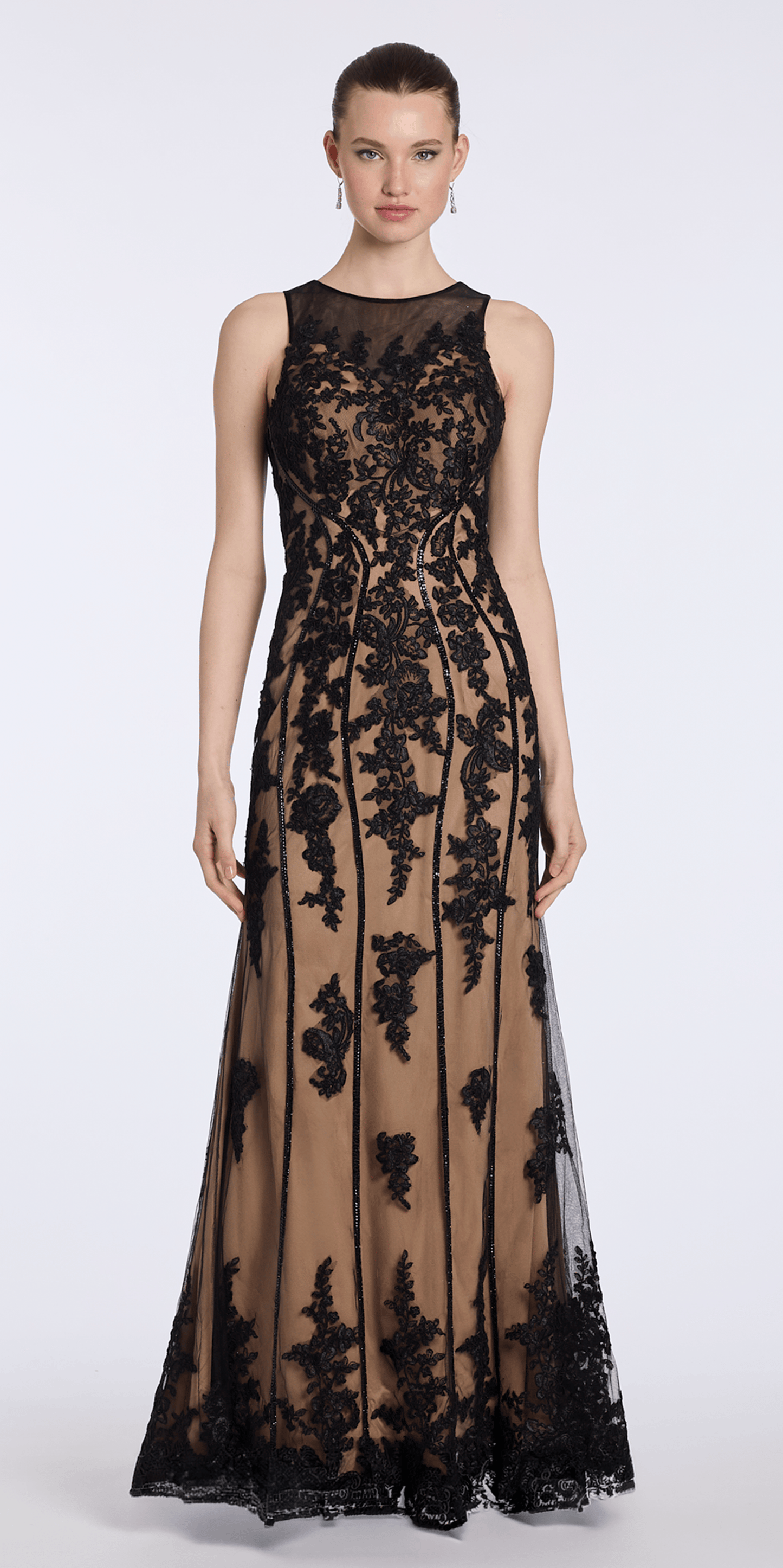Camille La Vie Mesh Embroidered Two Tone Jewel Neck Trumpet Dress with Scalloped Hem