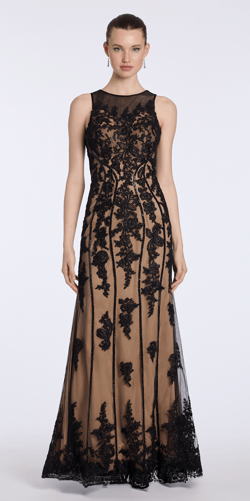 Camille La Vie Mesh Embroidered Two Tone Jewel Neck Trumpet Dress with Scalloped Hem