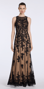 Camille La Vie Mesh Embroidered Two Tone Jewel Neck Trumpet Dress with Scalloped Hem