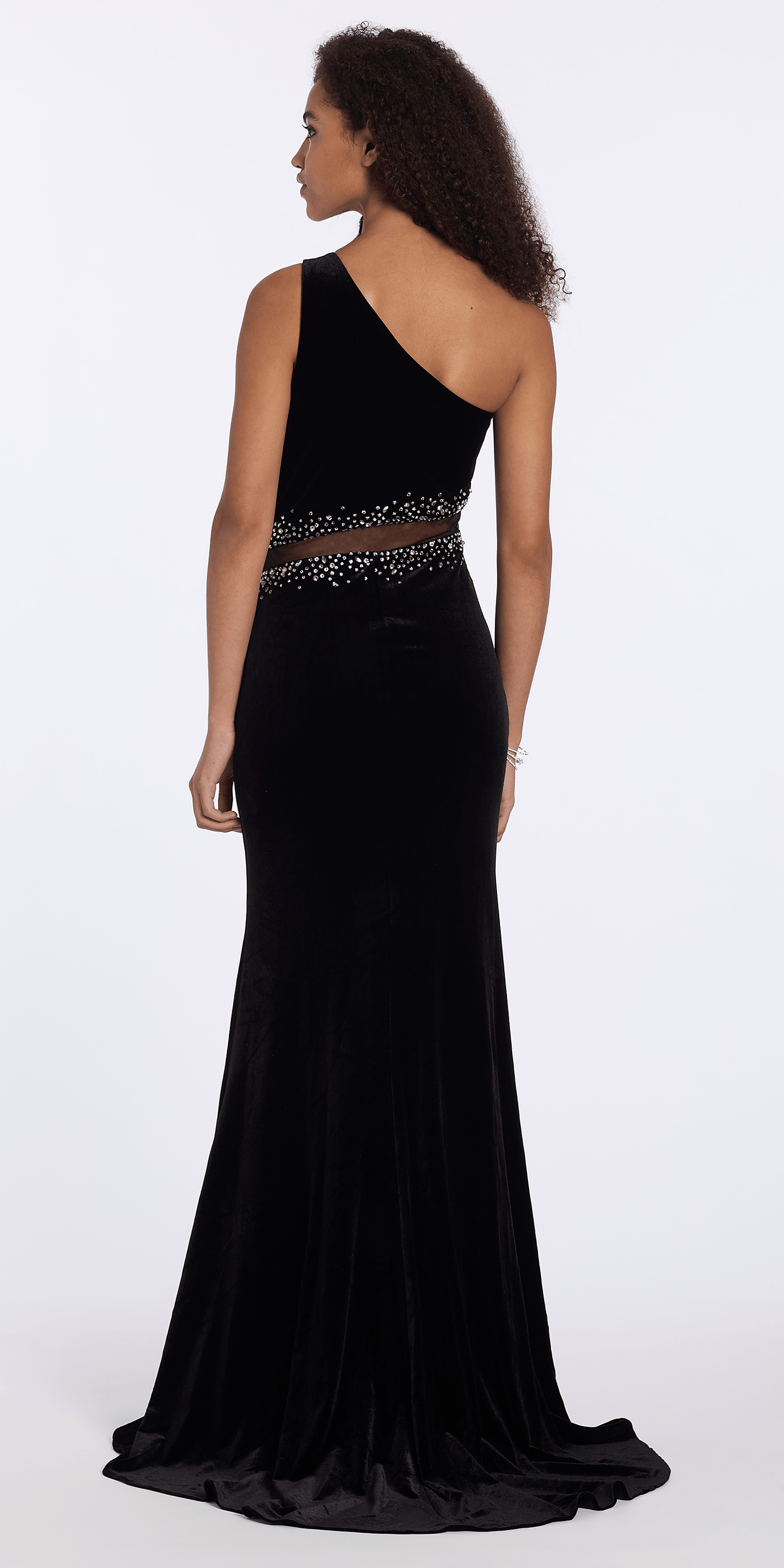 Camille La Vie One Shoulder Velvet Rhinestone Column Dress with Cut Outs