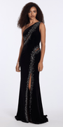 Camille La Vie One Shoulder Velvet Rhinestone Column Dress with Cut Outs missy / 0 / black