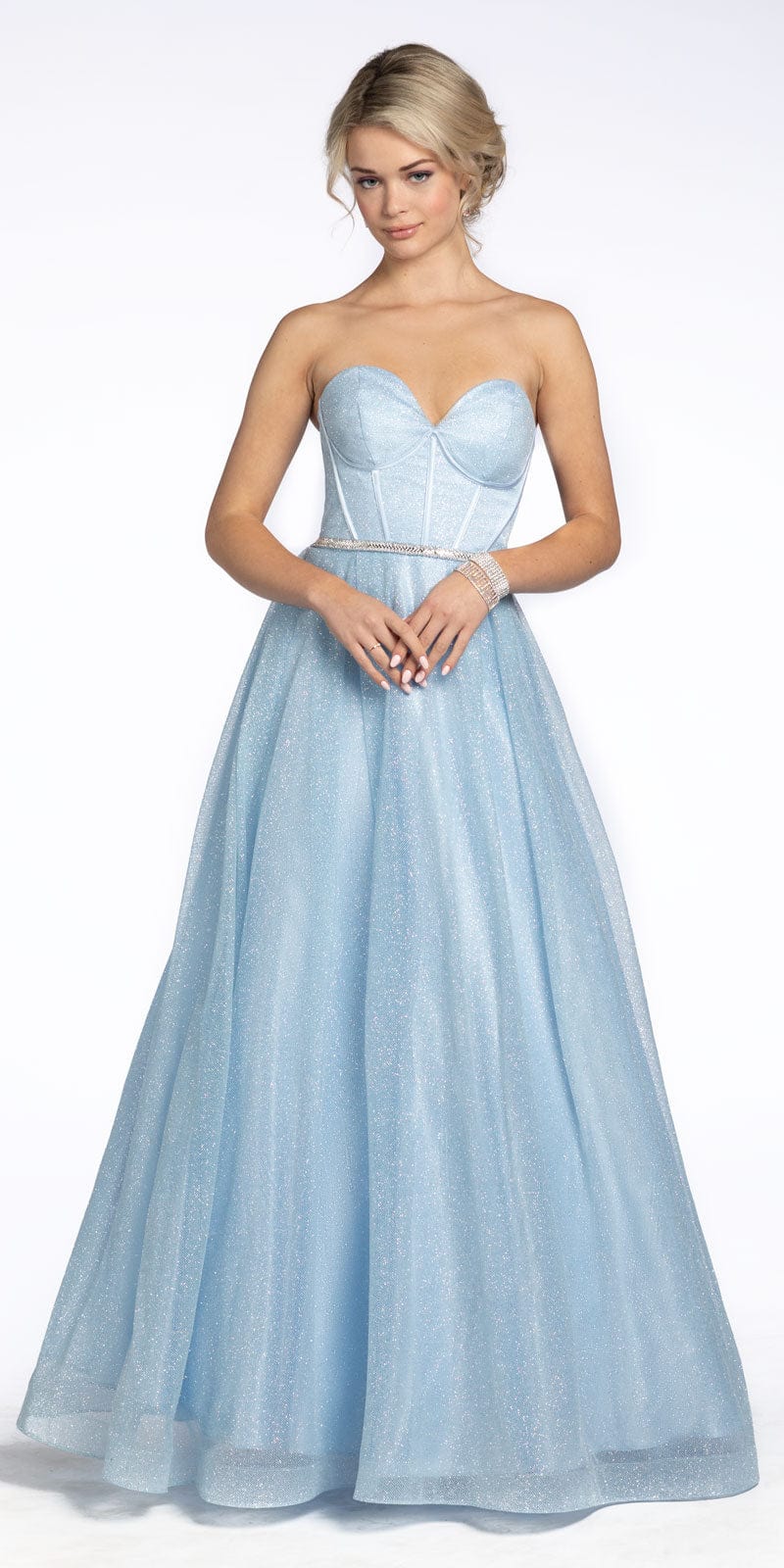 light-blue/size 4/missy/Camille La Vie /Glitter Corset Ballgown with Crystal Waistband/front