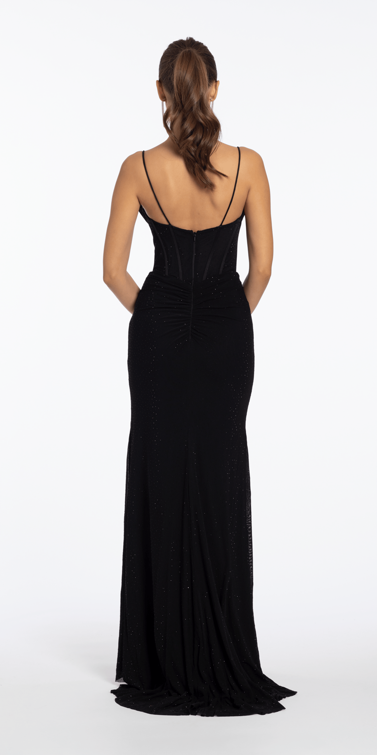 Camille La Vie Mesh Drape Neck Corset Column Dress with Heat Set Stones