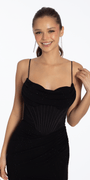 Camille La Vie Mesh Drape Neck Corset Column Dress with Heat Set Stones