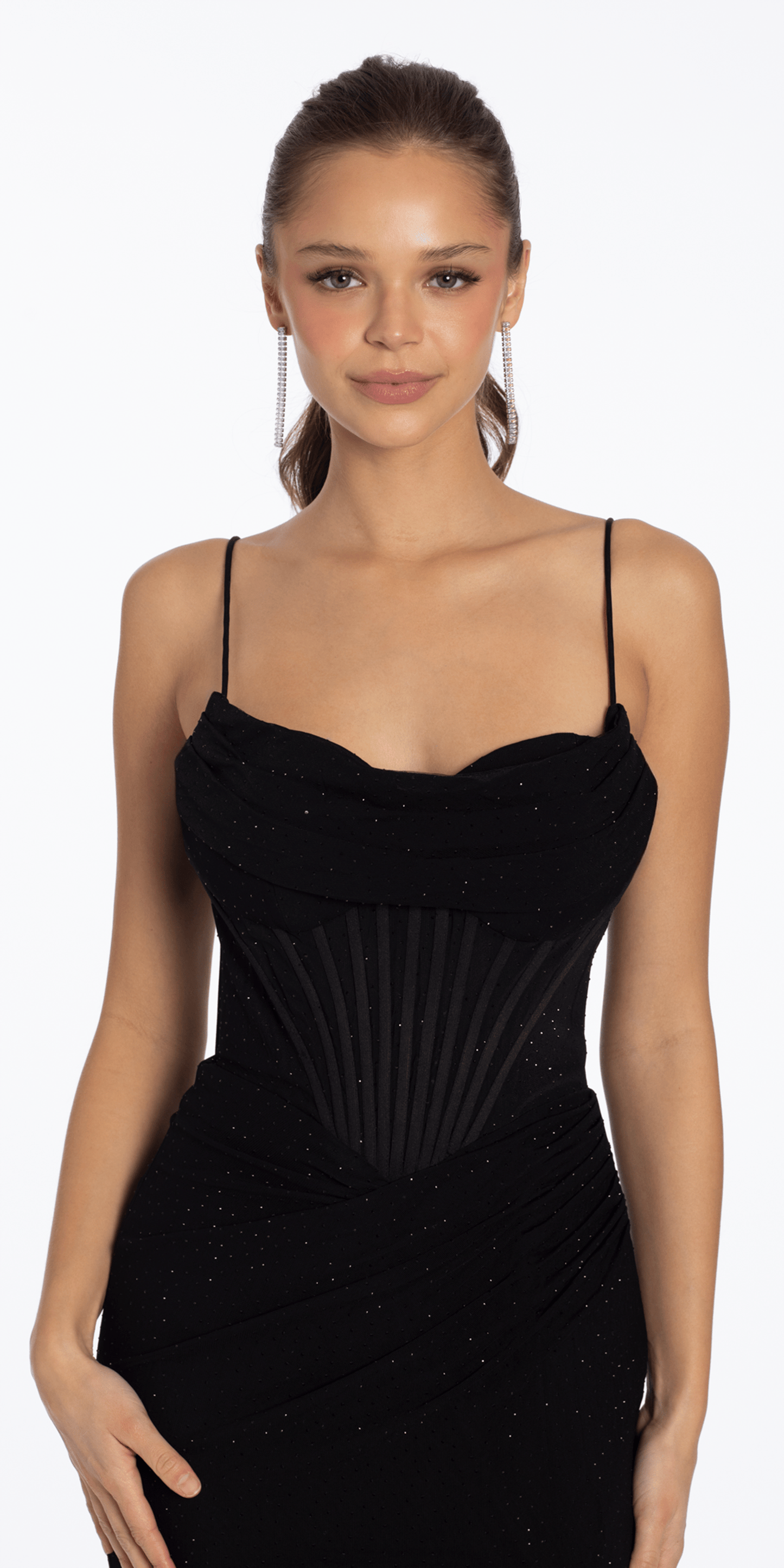 Camille La Vie Mesh Drape Neck Corset Column Dress with Heat Set Stones