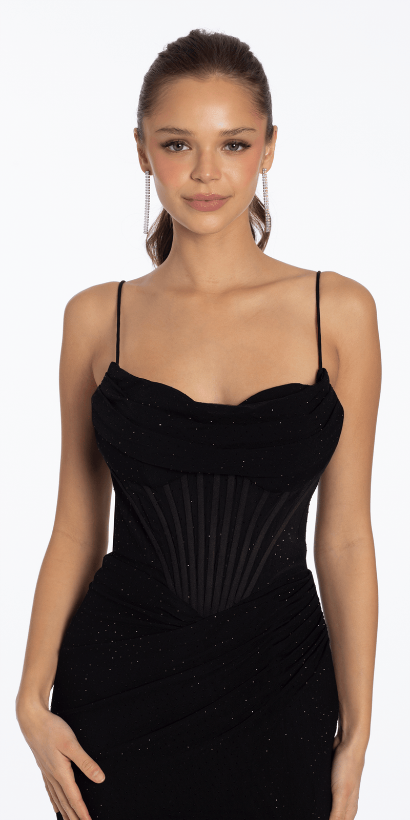 Camille La Vie Mesh Drape Neck Corset Column Dress with Heat Set Stones