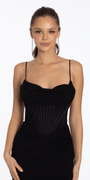 Camille La Vie Mesh Drape Neck Corset Column Dress with Heat Set Stones