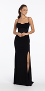 Camille La Vie Mesh Drape Neck Corset Column Dress with Heat Set Stones