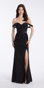 black-silver/size/4/missy/Camille La Vie/ Mesh Embellished Off the Shoulder Column Dress with Illusion Side/front
