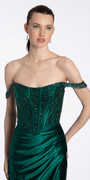 Camille La Vie Embellished Off the Shoulder Sateen Corset Dress with Ruching