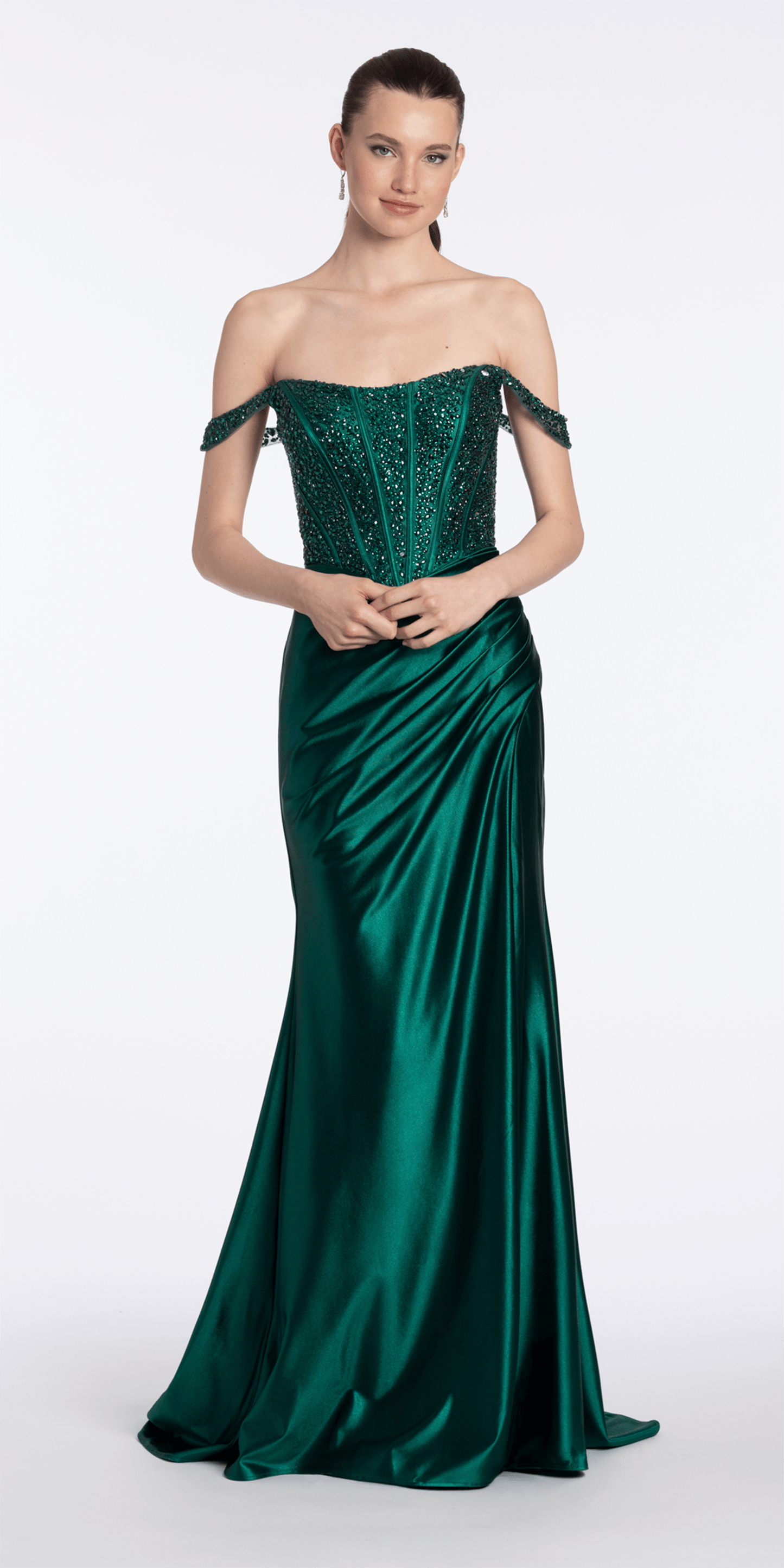 Camille La Vie Embellished Off the Shoulder Sateen Corset Dress with Ruching