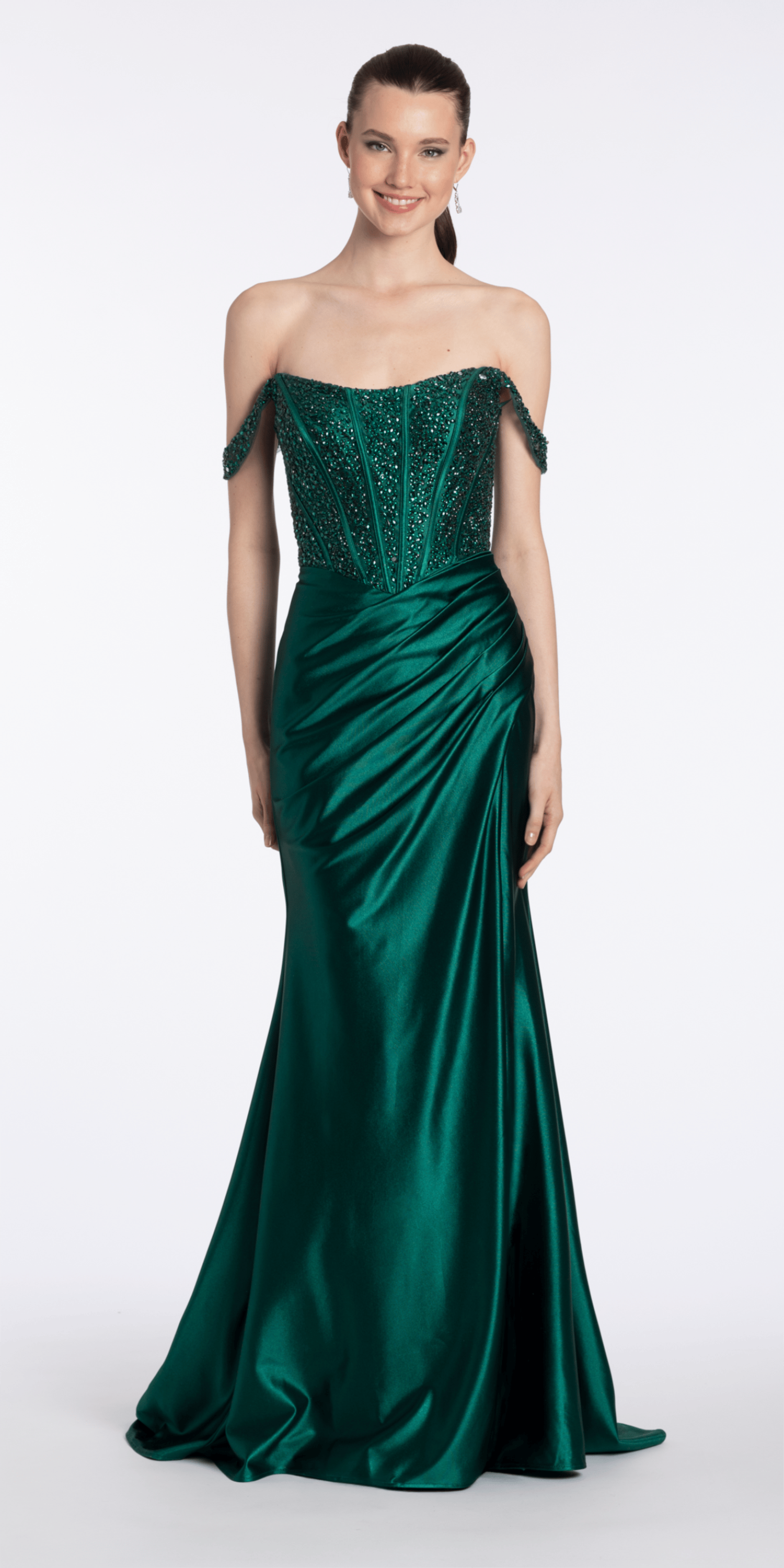 Embellished Off the Shoulder Sateen Corset Dress with Ruching