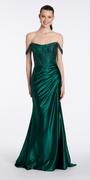 Camille La Vie Embellished Off the Shoulder Sateen Corset Dress with Ruching missy / 0 / emerald
