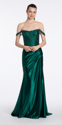 Camille La Vie Embellished Off the Shoulder Sateen Corset Dress with Ruching