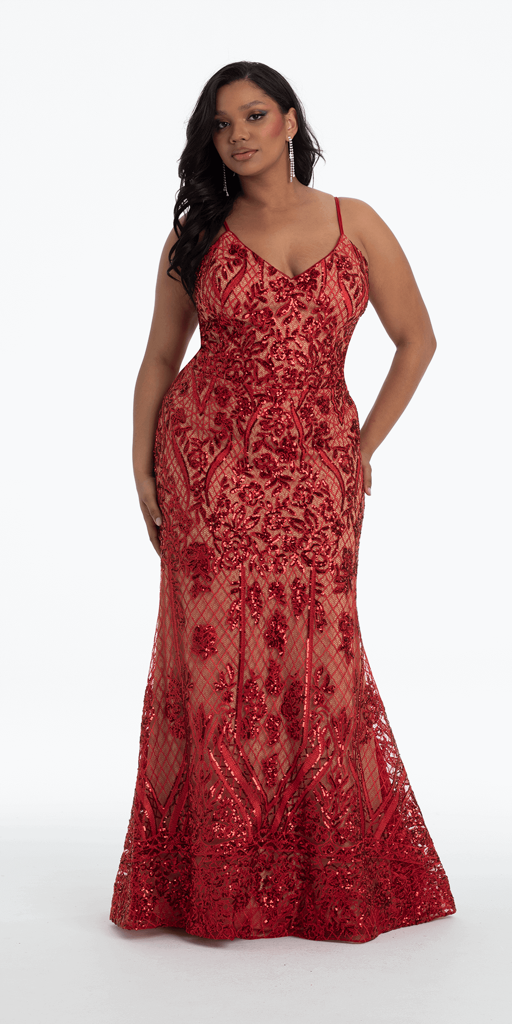 red/size/14/plus/Camille La Vie/Sequin Embroidered Lace Up Back Mermaid Dress/front