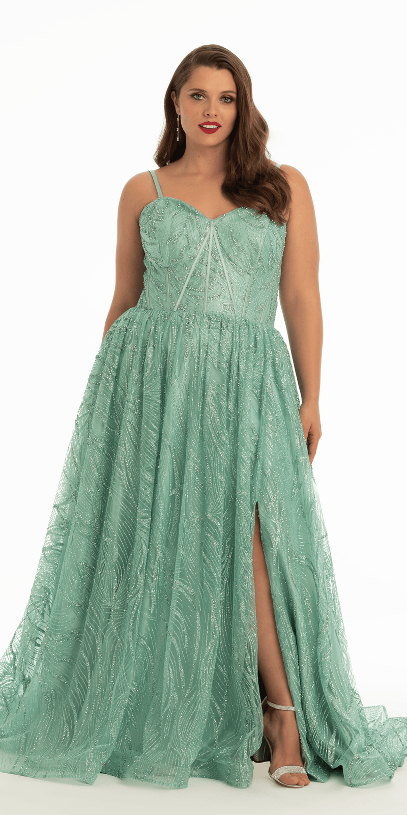 Glitter Sweetheart Corset A Line Dress with Side Slit Image 7