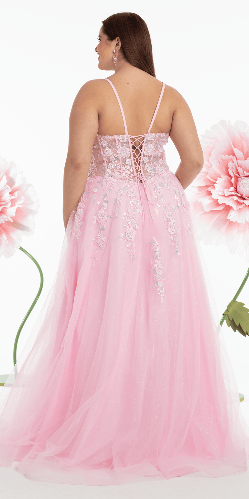 Sweetheart Plunging Mesh Corset Ballgown with Embellished Appliques Image 8
