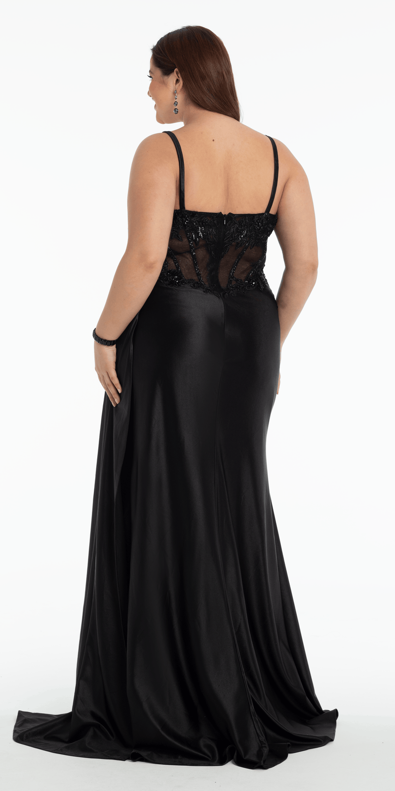 black/size/14/plus/Camille La Vie/Embellished Sweetheart Corset Column Dress with Side Drape/back