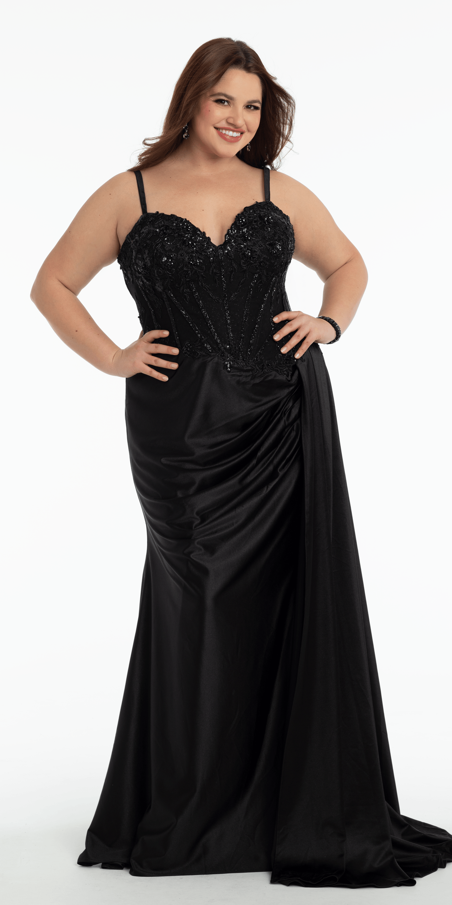 black/size/14/plus/Camille La Vie/Embellished Sweetheart Corset Column Dress with Side Drape/front