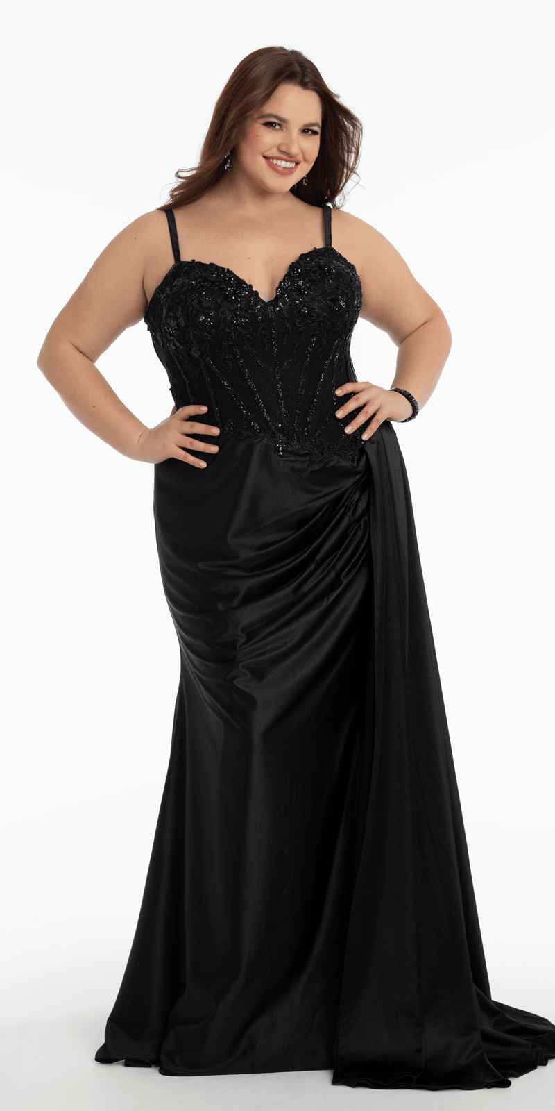 black/size/14/plus/Camille La Vie/Embellished Sweetheart Corset Column Dress with Side Drape/front