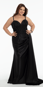 black/size/14/plus/Camille La Vie/Embellished Sweetheart Corset Column Dress with Side Drape/front
