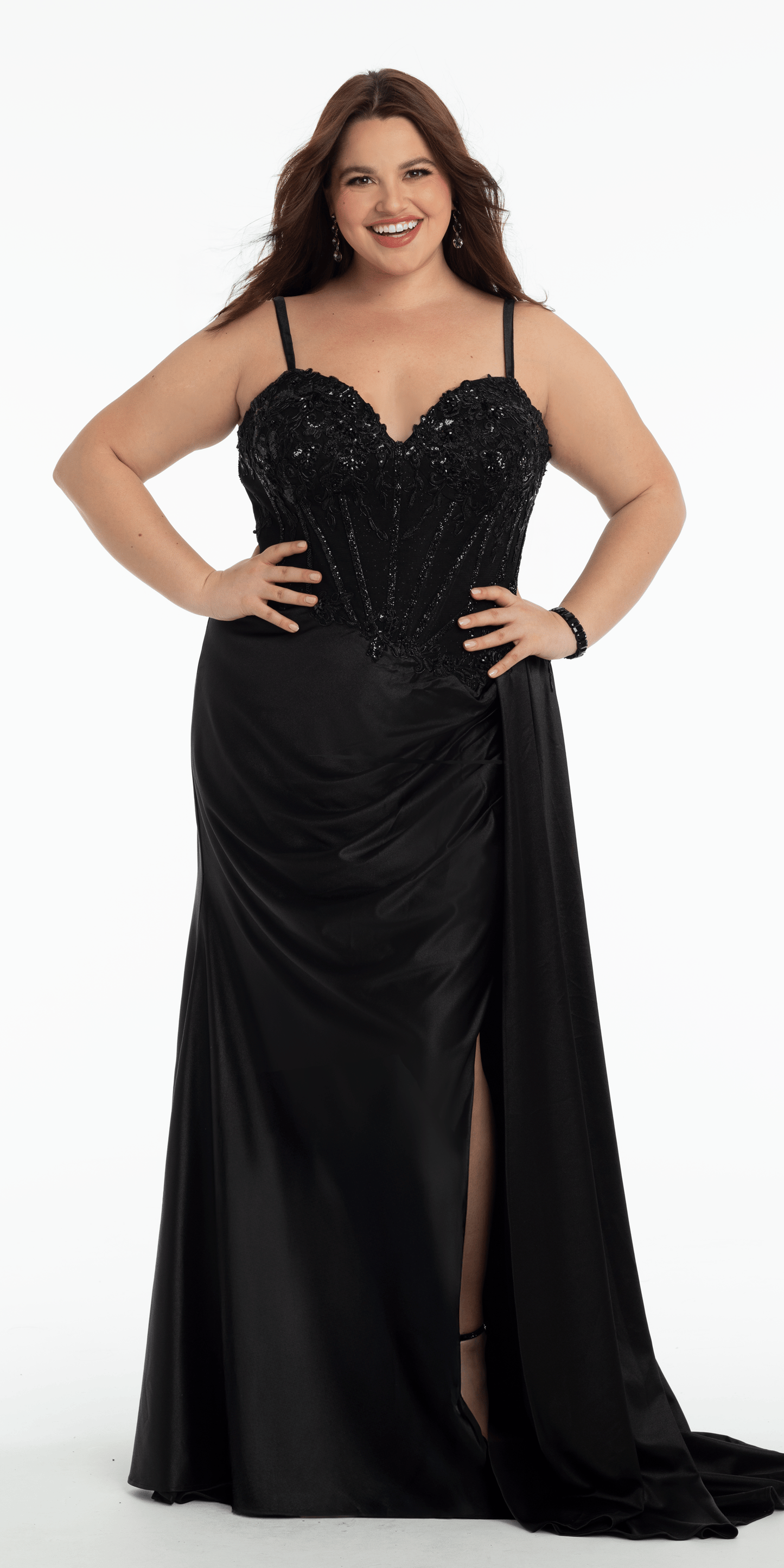 black/size/14/plus/Camille La Vie/Embellished Sweetheart Corset Column Dress with Side Drape/front alt