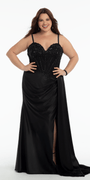 black/size/14/plus/Camille La Vie/Embellished Sweetheart Corset Column Dress with Side Drape/front alt