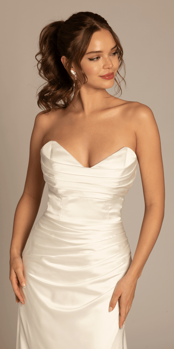 Satin Mock Wrap Pleated Column Dress with Chapel Train Image 4