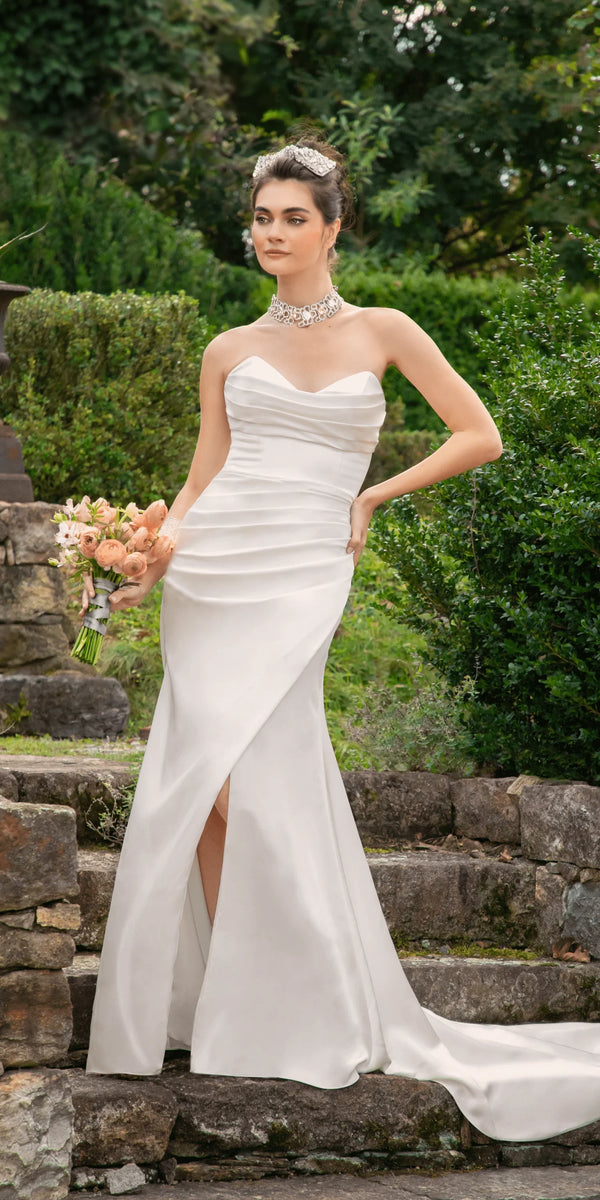Satin Mock Wrap Pleated Column Dress with Chapel Train