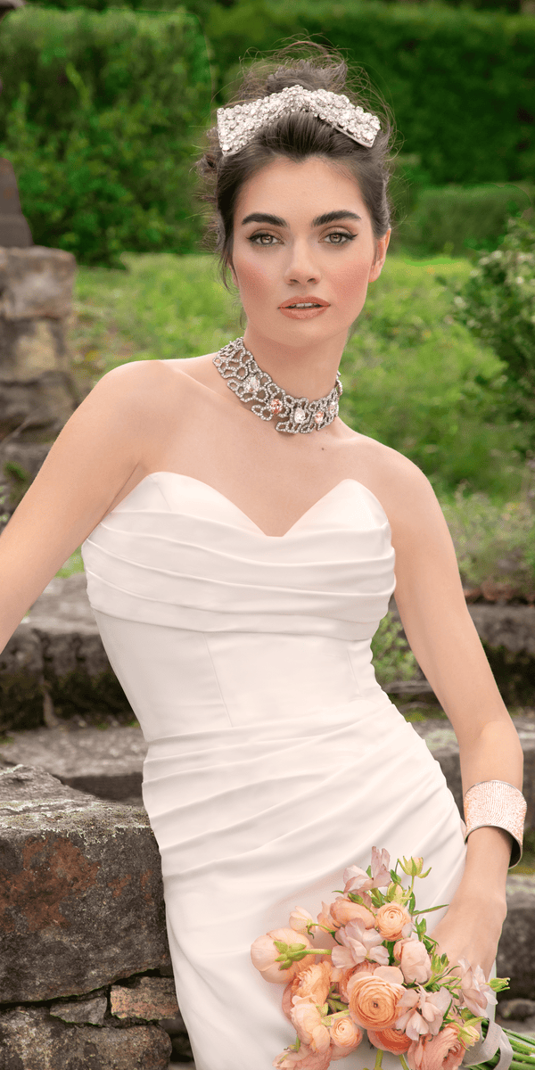 Satin Mock Wrap Pleated Column Dress with Chapel Train Image 2