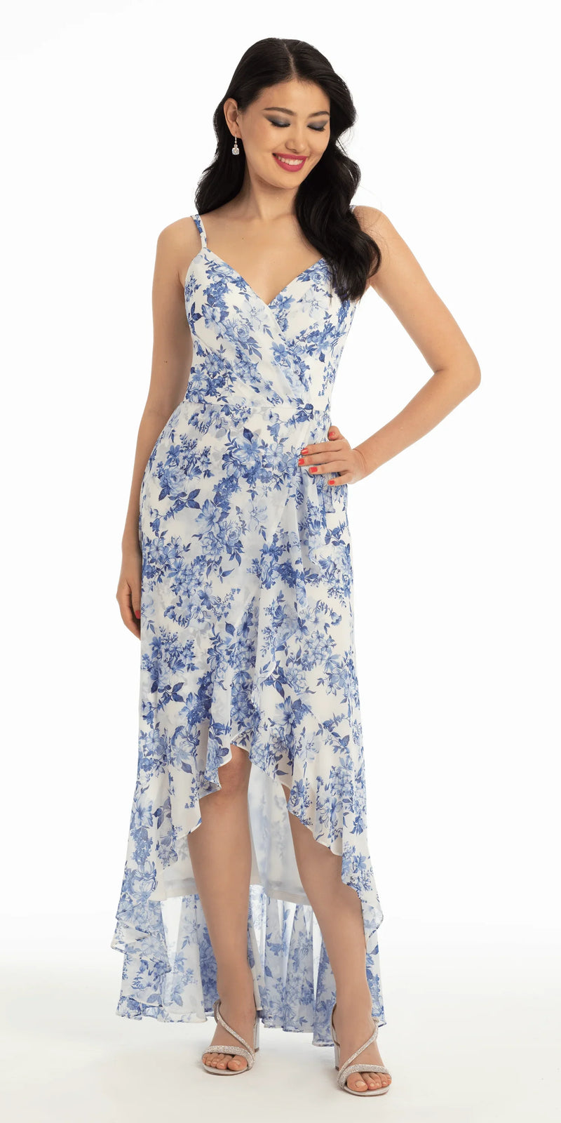 Ruffle High-Low Chiffon Floral Print Dress petite / 4 / white-blue