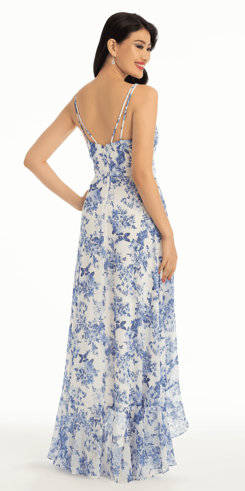 Ruffle High-Low Chiffon Floral Print Dress Petite / 4 / White-Blue Ruffle High-Low Chiffon Floral Print Dress Petite / 4 / White-Blue