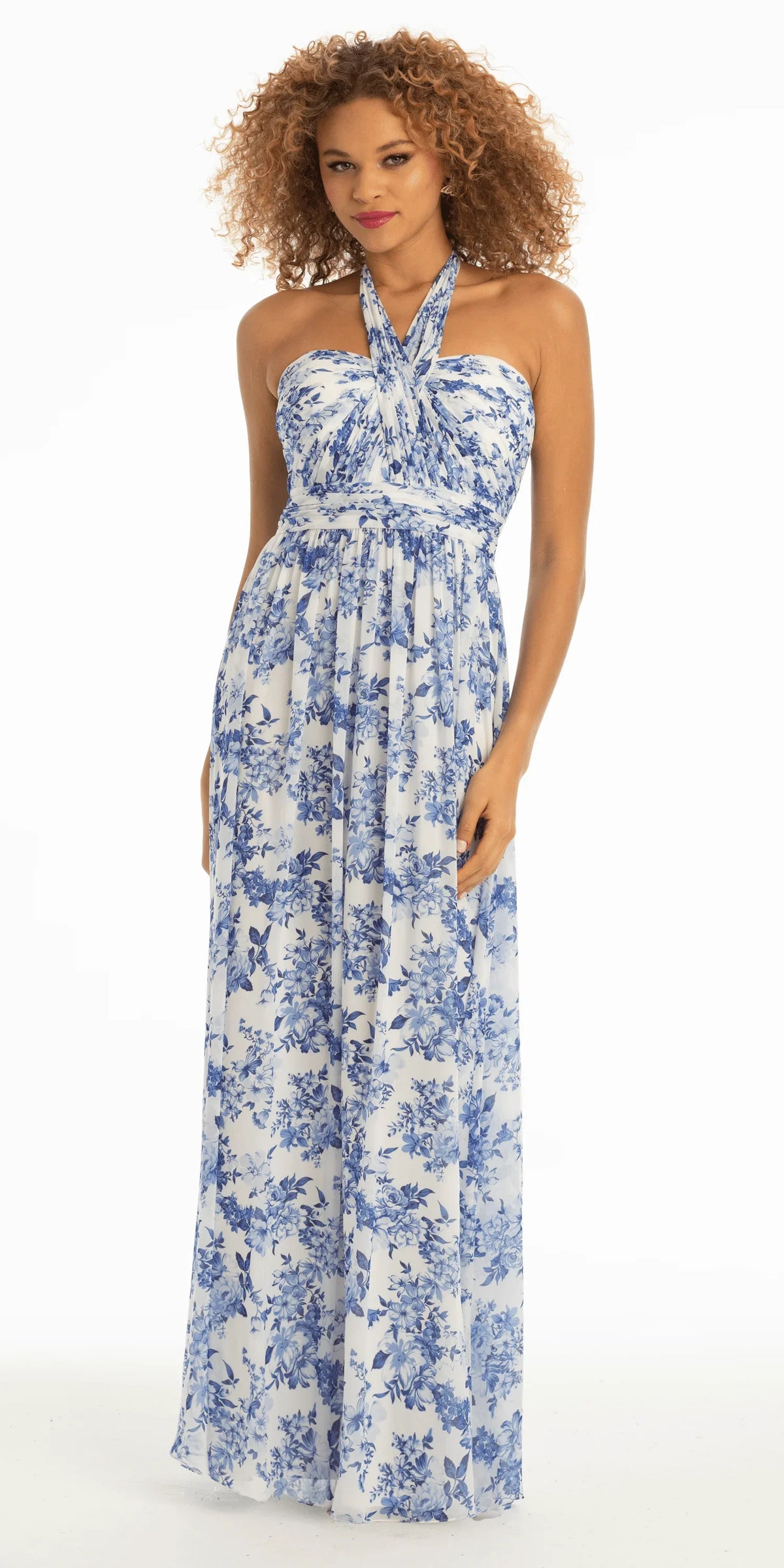 Floral Chiffon A Line Halter Dress petite / 6 / white-blue