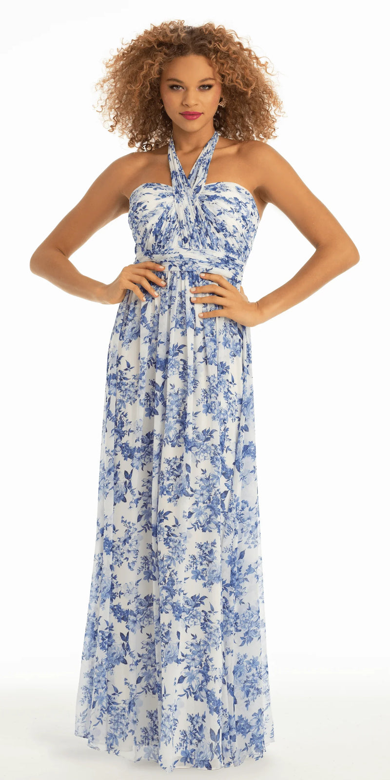 Floral Chiffon A Line Halter Dress petite / 6 / white-blue