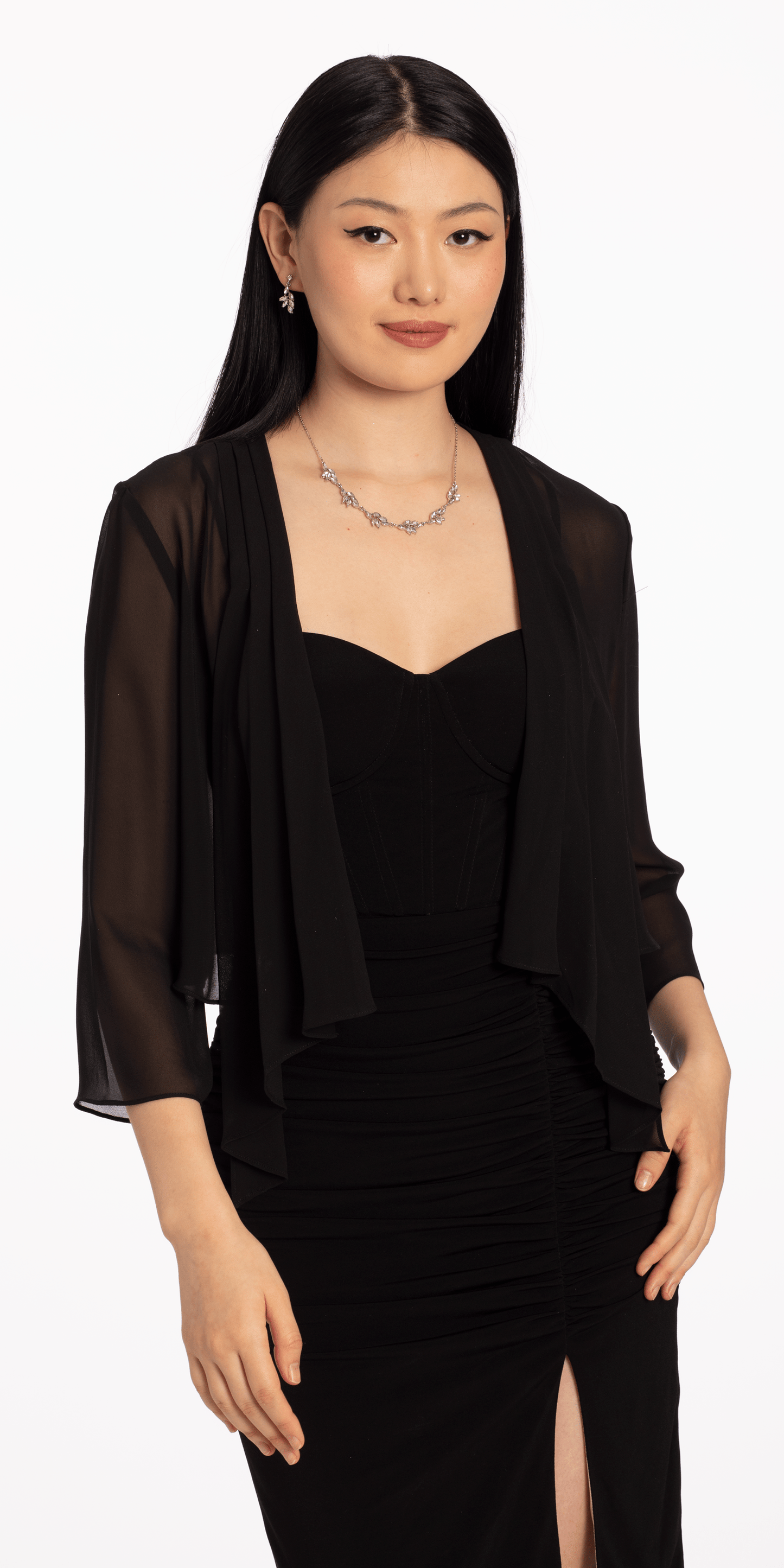 Camille La Vie Chiffon Drape Front Jacket with Sleeve missy / SM / black
