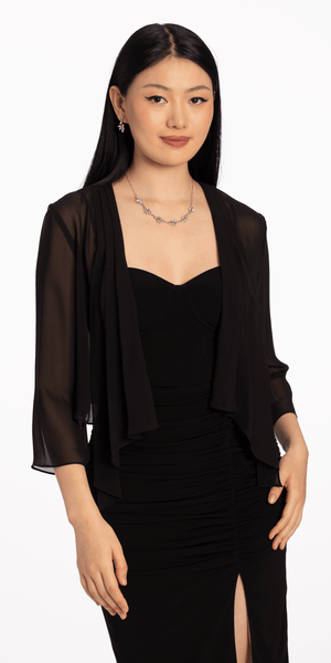 Chiffon Drape Front Jacket with Sleeves Missy / SM / Black